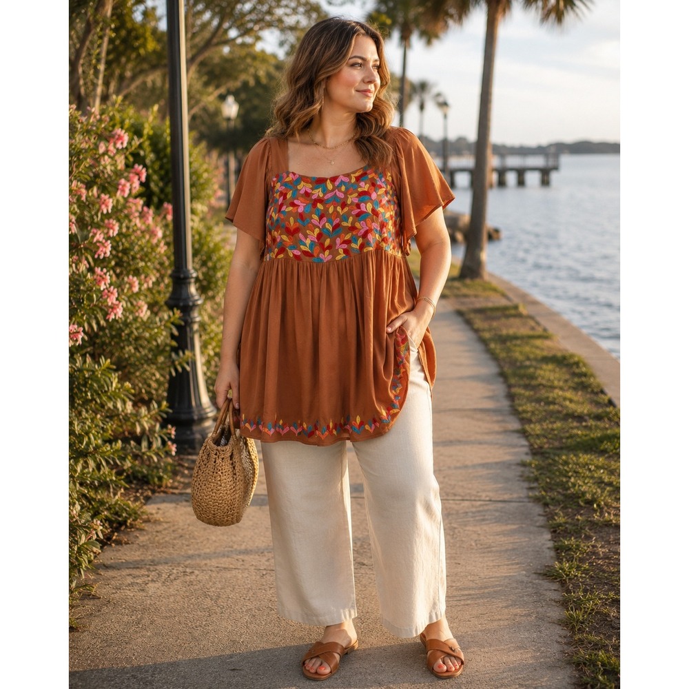 Savanna Jane Tunic Top 2x Camel Plus Embroidered Babydoll Art Cottagecore Boho
